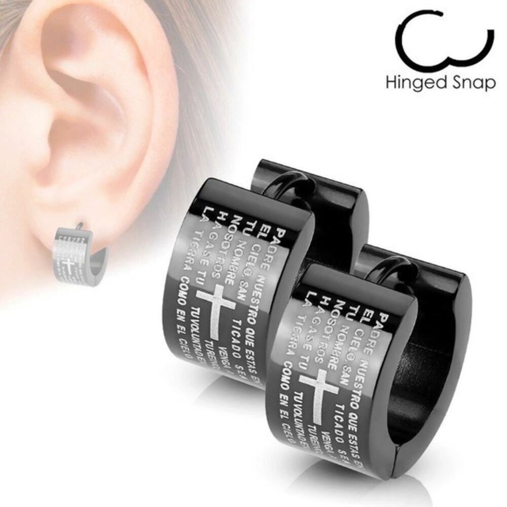NWOT Stainless Steel Black Hinged Hoop Earring with Lord's Prayer Padre‎ Nuestro